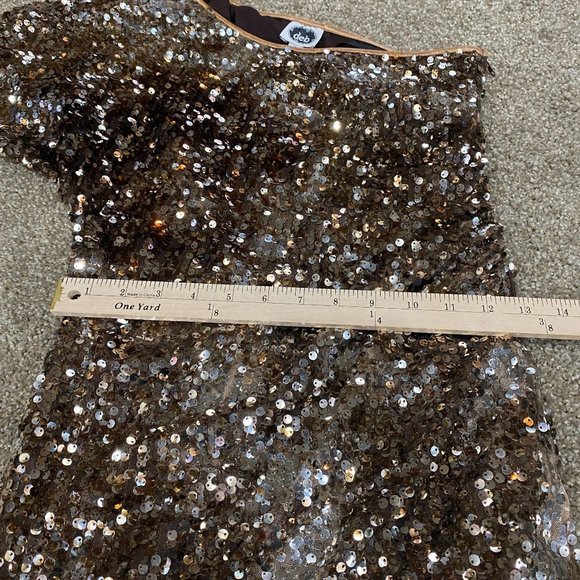 Brown Sequined Mini Dress One Shoulder Size 7 Medium Stretch Short Sleeve - Picture 11 of 13
